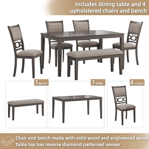 Signature Design by Ashley Wrenning Diamond Patterned Dining Table Set, 4 Upholstered Chairs and Bench, Seats 6, Wood, Gray