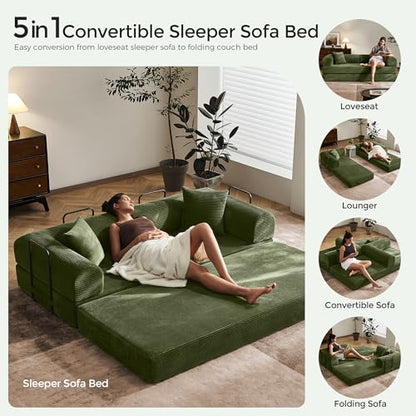 79" Convertible Sofa Bed with Fixed-Shape Frame & Removable Armrests, Modular Corduroy Sleeper Sofa, Folding Mattress Couch for Small Spaces - No Assembly Needed in Green (Includes 2 Pillows)
