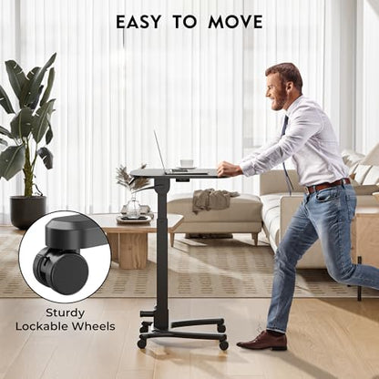 Mobile Foldable Standing Desk, Portable Adjustable Height Desk with Gas Spring, Small Rolling Laptop Desk with Wheels for Home, Office, Bedroom, and Medical Use, 25.6" x 19.7" Desktop, Black