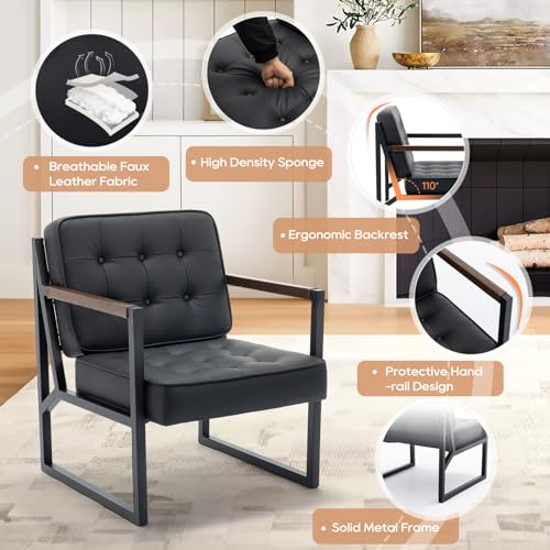Mid Century Modern Accent Chair Set of 2, Comfy Living Room Chair, Black Leather Accent Chair, Faux Leather Reception Armchair with Metal Legs for Living Room Bedroom Reception Office, Black