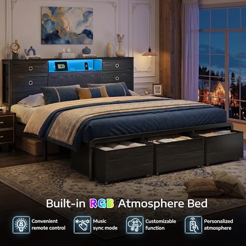King Size Bed Frame with 9 Drawers and Charging Station,Black, view 5