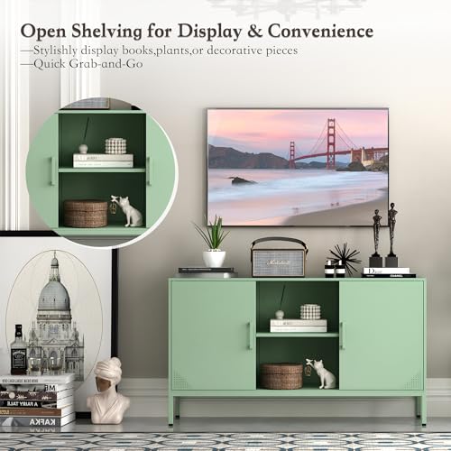 Metal Cabinet, High Capacity Green Buffet Cabinet Coffee Bar Sideboard with Adjustable Shelf, Pantry Drink Locker for Living Room, Kitchen, Bedroom, Dining Room, Entryway (Green)