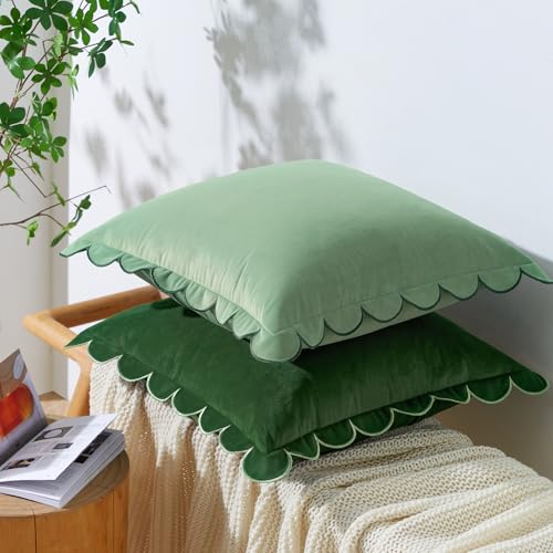 Decorative Throw Pillow Covers Cushion Cases, Set of 2 Soft Velvet Scalloped Round Edge Designs, Mix and Match for Home Decor, Pillow Inserts Not Included (16x16 inch, Green/Light Green)