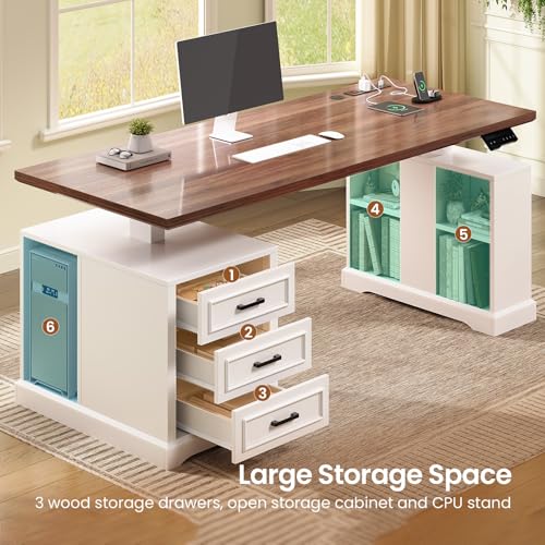 Farmhouse Electric Standing Desk, 63" Height Adjustable Computer Desk with 3 Drawers, Storage Shelves, Power Outlets, Wood Home Office Stand up Desk for Work, Study, Writing, White