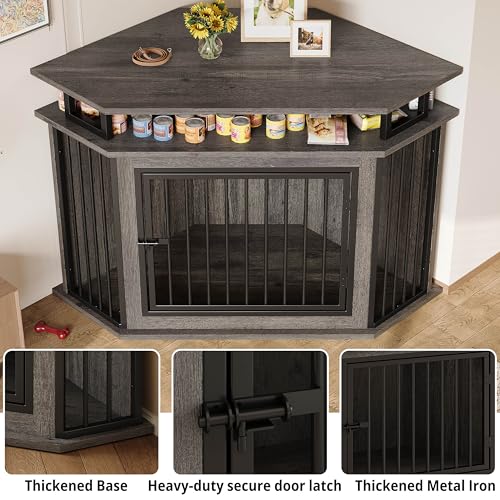 51" Corner Dog Crate Furniture with 2-Tier Storage Shelves, Gray, view 7