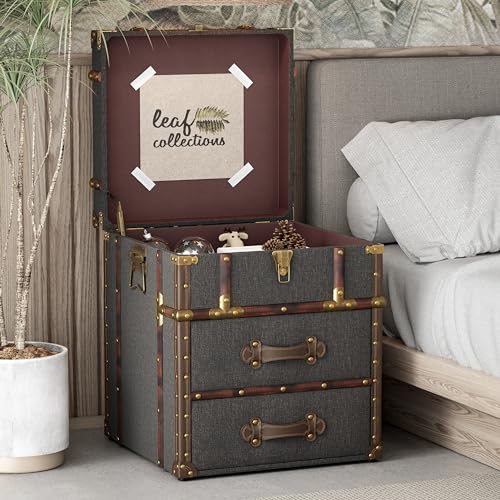 Vintage Storage Chest with Buckle Hinged Top, Linen Accent End Side Table for Living Room, Office, Bedroom, Rectangle, Grey