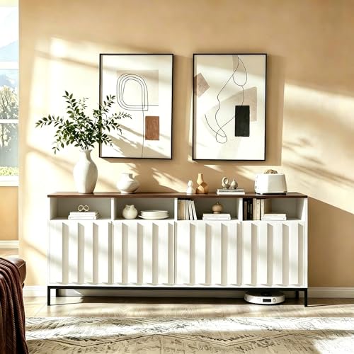 COCO DESIGN 70" Large Buffet Sideboard Cabinet with Power Outlets & Adjustable Shelves, Modern Farmhouse Accent Storage Credenza Console for Kitchen, Living Room, White