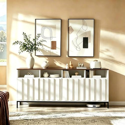 COCO DESIGN 70" Large Buffet Sideboard Cabinet with Power Outlets & Adjustable Shelves, Modern Farmhouse Accent Storage Credenza Console for Kitchen, Living Room, White
