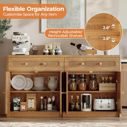 59" W Arched and Fluted Sideboard Buffet Cabinet with Storage, Oak, view 4