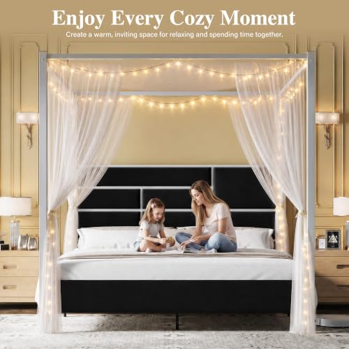 Queen Canopy Bed Frame, Velvet Upholstered with Silver Trim, Black, view 4