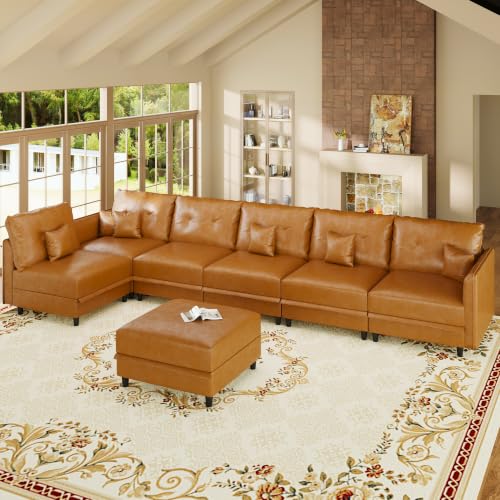 7-Seater L-Shaped Sectional Modular Sofa with Storage, Deep Seat Faux Leather Couches for Living Room, Waterproof & Scratch Resistant, Cognac Tan