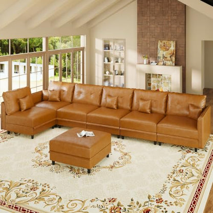 7-Seater L-Shaped Sectional Modular Sofa with Storage, Deep Seat Faux Leather Couches for Living Room, Waterproof & Scratch Resistant, Cognac Tan
