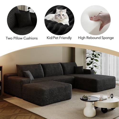 107.7" Boneless Sectional Couch Modern Modular U - Shape Corduroy Upholstered Sofa for Living Room - Deep Seat with Chaise and Ottoman(Black, 2 Seater+Right Facing Chaise+Ottoman)