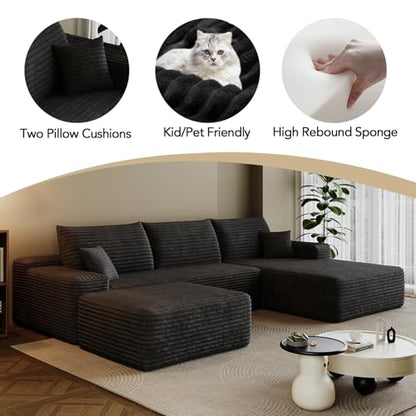 107.7" Boneless Sectional Couch Modern Modular U - Shape Corduroy Upholstered Sofa for Living Room - Deep Seat with Chaise and Ottoman(Black, 2 Seater+Right Facing Chaise+Ottoman)