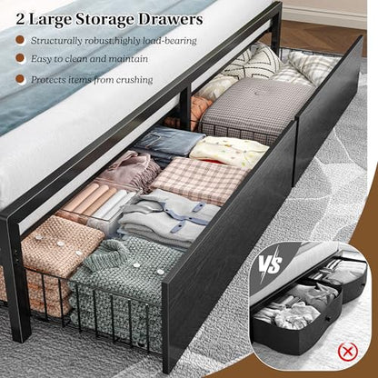 King Bed Frame with 3-Tier Storage Headboard&2 Drawers, Noise-Free, view 6