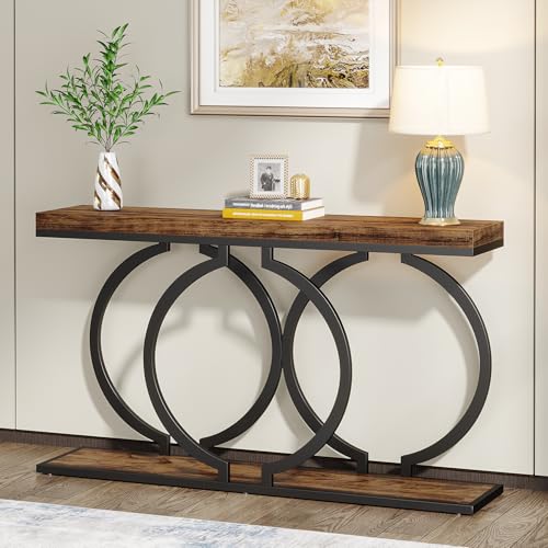 Tribesigns Industrial Console Table, 55 inch Rustic Entryway Table with Geometric Metal Frame, Narrow Wood Accent Sofa Table for Living Room, Entrance, Hallway, Rustic Brown