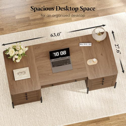 63" W x 27.6" D Executive Desk with 2 Cabinets & 6 Drawers, view 6