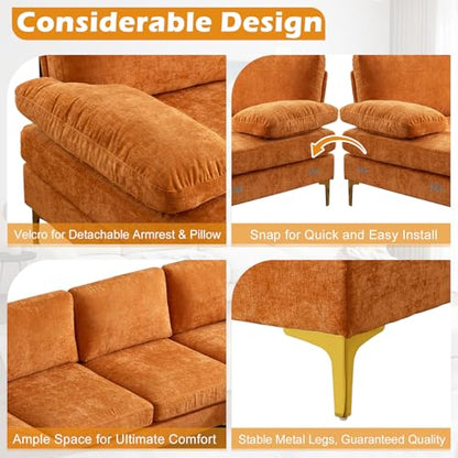 110" Sectional Couches for Living Room,U Shape Couch with Double Chaise, 4-Seat Sofa Set with Chenille Fabric for Home Furniture,Burnt Orange