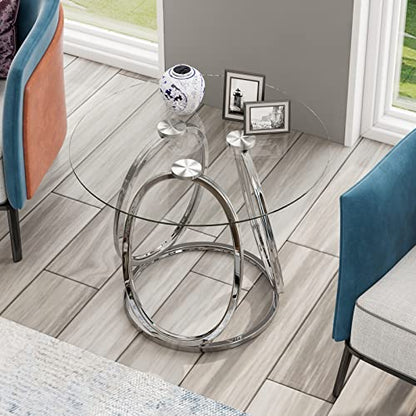Silver End Table for Living Room, Glass Side Table for Bedroom, Modern Round Glass Nightstand with Metal Frames for Home Office, Chrome Finish, 1 PC