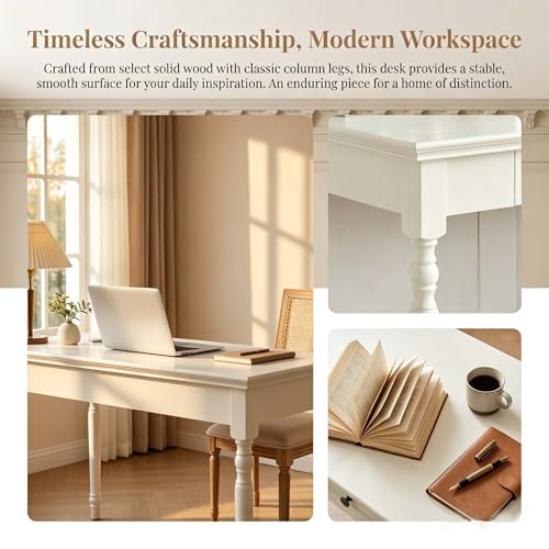 47 Inch Solid Wood Computer Writing Desk with Drawers, White, view 5