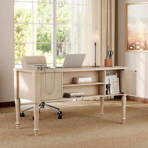 WAMAPT Farmhouse Executive Desk with 5 Drawers, Home Office Desk with Charging Station, Wood Computer Desk with File Cabinet Storage, Door, Open Shelf for Work and Study, Light Oak, 55 inch