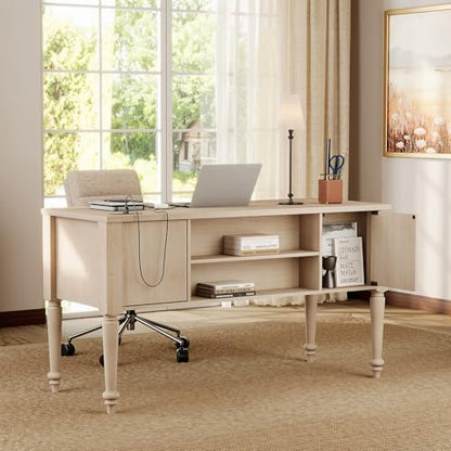 WAMAPT Farmhouse Executive Desk with 5 Drawers, Home Office Desk with Charging Station, Wood Computer Desk with File Cabinet Storage, Door, Open Shelf for Work and Study, Light Oak, 55 inch