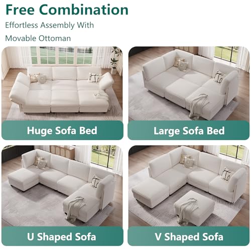 Modular Sectional Sofa with Adjustable Backrest, Convertible L/U-Shaped Sleeper Couch for Living Room, Cloud Sofa Bed Modern Reversible Design, Beige