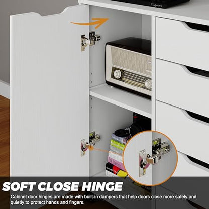 5-Drawer Chest with 1 Door, Wooden Chest of Drawers Storage Dresser Cabinet with Wheels, Office Organization and Storage, Bedroom Furniture (White-S)
