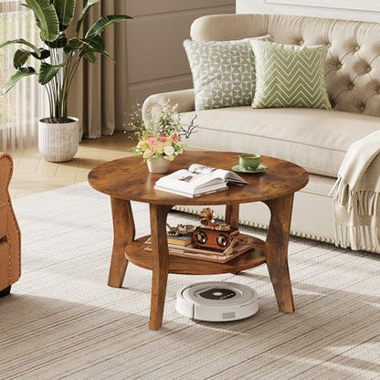Round Coffee Table, 2-Tier Small Coffee Table with Storage Shelf, Circle Wood Center Table for Living Room, Apartment, Easy Assembly, Rustic Brown