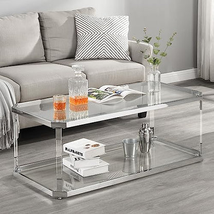 Glass Coffee Table, Clear Coffee Table with 2 Tiers, Acrylic Leg, Chrome Frame, Rectangular Center Table for Living Room (Chrome-New)