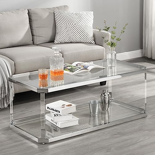 Glass Coffee Table, Clear Coffee Table with 2 Tiers, Acrylic Leg, Chrome Frame, Rectangular Center Table for Living Room (Chrome-New)