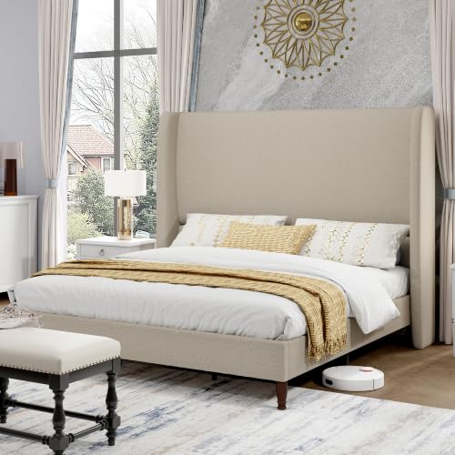 Queen Bed Frame Linen Upholstered 51.2" Tall Headboard, Light Khaki, view 2