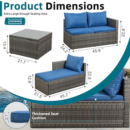 Small Outdoor Sofa Patio Furniture Set with Detachable Cushions, 3 PCS Patio Sectional Sofa with Coffee Table & 5 Position Adjustable,PE Rattan Patio Conversation Set, Silver Rattan/Royal Blue