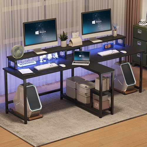 Two Person Desk with LED Lights & Power Outlet, 83.7" Extra Long Computer Desk with Monitor Stand & Storage Shelves, Double Study Work Writing Table Workstation for Home Office, Black
