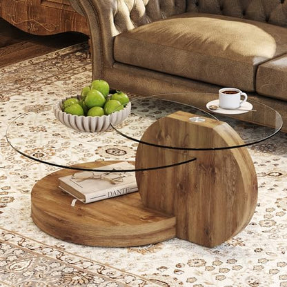 Glass Coffee Table, Modern Round Glass Coffee Table with Wooden Base, 3 Tier Round Coffee Table, Clear Cocktail Table with Storage for Living Room, Office, Balcony (42″ Wood)