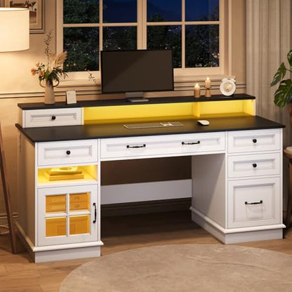 Farmhouse Executive Desk with Drawers Computer Desk with File Drawers, Power Outlet and Led Lights, Executive Office Desk with Storage Cabinet and Monitor Shelf for Home Office, White