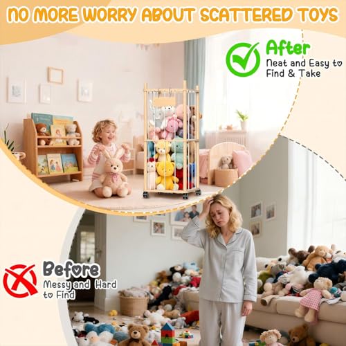 Stuffed Animal Storage Organizer, Wooden Plushies Toy Zoo Holder with Wheels, view 6