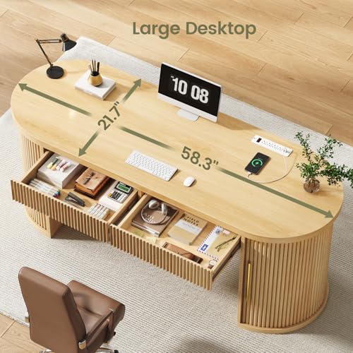 Office Desk with 2 Drawers, 58.3" x 21.7" Fluted Computer Desk with 2 Sliding Doors Storage and Power Strip, Wood Executive Desk for Home Office, Light Oak