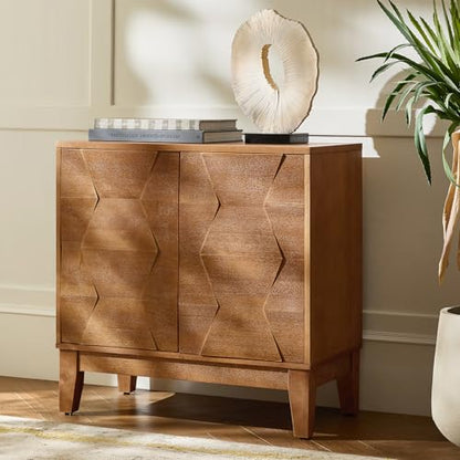 Mid Century Modern Buffet Cabinet with Solid Wood Legs, Adjustable Shelf Accent Cabinet, Storage Unit for Kitchen, Living Room, Dining, Hallway, 3D Geometric(Seadrift)