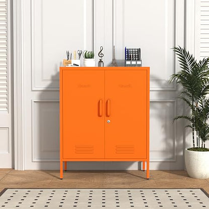 Multipurpose Accent Cabinet Locker, Metal Storage Cabinet with 2 Adjustable Shelves, Heavy Duty & Lockable Organizer Made of Thickened Steel, Easy Assembly for Home, Entryway, Orange