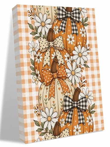 NuYeBiofx Thanksgiving Autumn Pumpkins Canvas Wall Art Prints,48"x32" Framed Picture Artwork Farm Daisy Floral Art Printed Canvas Oil Painting for Living Room Bedroom Office,Ready to Hang