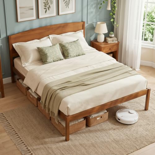 Queen Size Bed Frame, Wooden Platform Bed with Curved Headboard, view 2