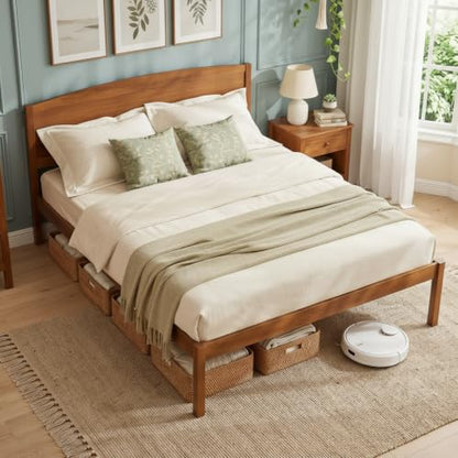 Queen Size Bed Frame, Wooden Platform Bed with Curved Headboard, view 2