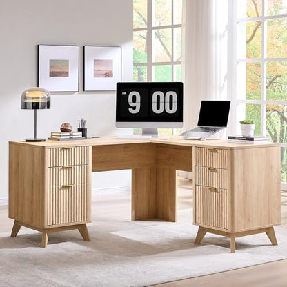 60'' Fluted Executive L Shaped Desk, Modern Home Office Desk with Charging Station and File Drawer, Computer Corner Desks with Drawers & Storage Cabinet for Office Home, Bedroom, Natural Oak