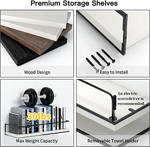 Shario White Floating Shelves - Set of 2, Wall Mounted Hanging Shelves with Black Towel Rack, Decorative Storage Shelves for Bathroom, Kitchen, Living Room & Bedroom (Modern White, 15.7 Inches)