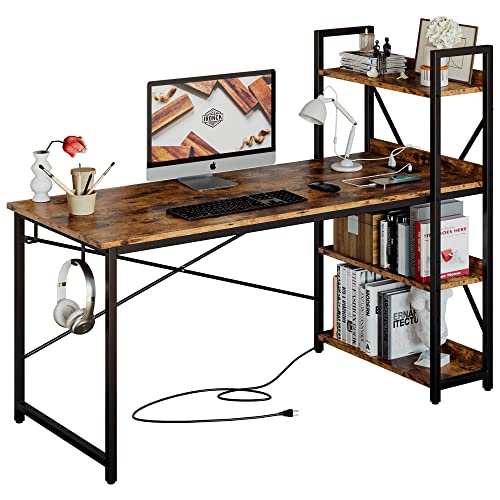 Computer Desk 55" with Power Outlet and Storage Shelves,Rustic Brown, view 2