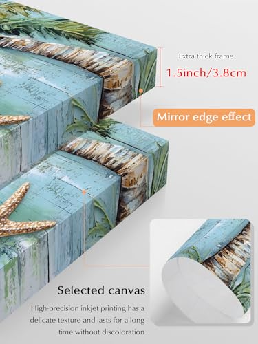NuYeBiofx Summer Coconut Tree Starfish Canvas Wall Art Prints,40"x28" Framed Picture Artwork Seaside Plant Blue Wood Plank Printed Canvas Oil Painting for Living Room Bedroom Office,Ready to Hang