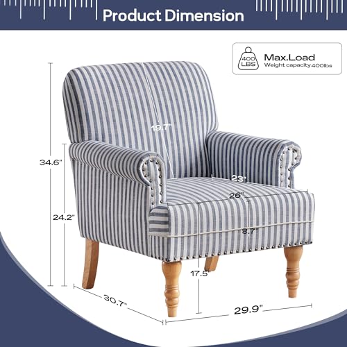 Linen Fabric Accent Chair, Mid-Century Modern Armchair with Solid Wood Legs, Single Sofa Chair,Upholstered Reading Club Chair (1, Dark Blue and White Stripe)