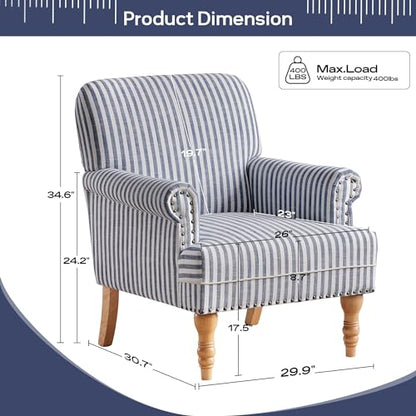 Linen Fabric Accent Chair, Mid-Century Modern Armchair with Solid Wood Legs, Single Sofa Chair,Upholstered Reading Club Chair (1, Dark Blue and White Stripe)