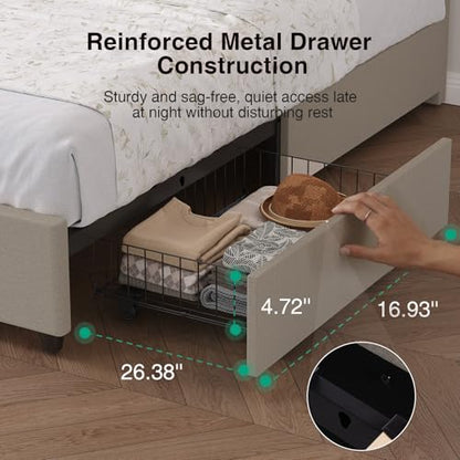 Queen Bed Frame with Drawers/Charging Station/LED Light, Beige, view 5